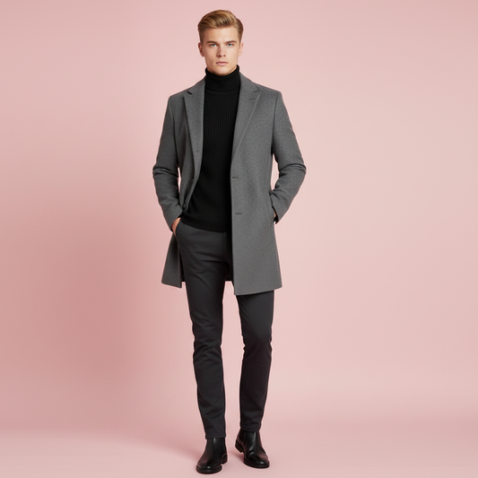 Men's Long Coat | Notched Lapel Overcoat for Winter