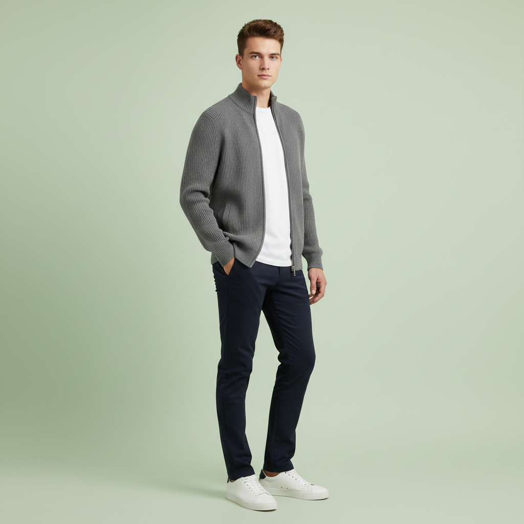 Men's Black Zip Up Cardigan | Slim Fit Ribbed Knit Sweater
