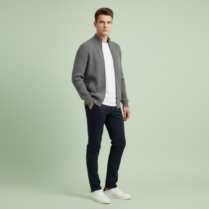Men's Black Zip Up Cardigan | Slim Fit Ribbed Knit Sweater