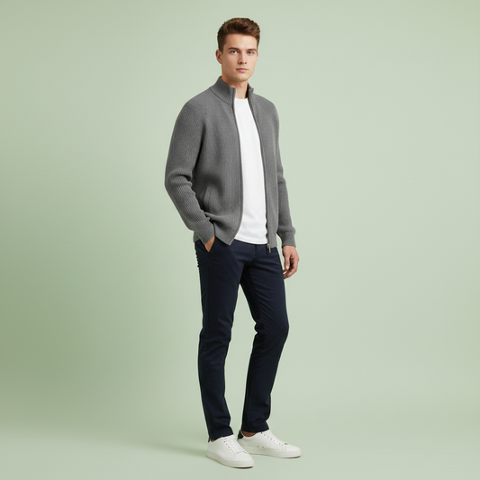 Men's Black Zip Up Cardigan | Slim Fit Ribbed Knit Sweater