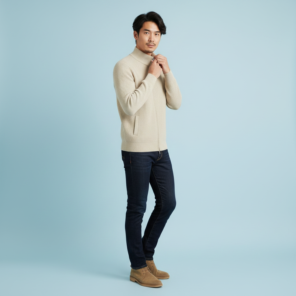 Men's Black Zip Up Cardigan | Slim Fit Ribbed Knit Sweater