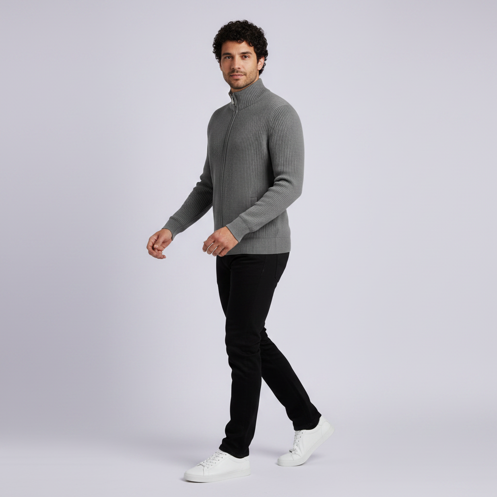 Men's Black Zip Up Cardigan | Slim Fit Ribbed Knit Sweater