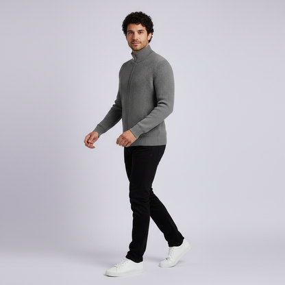 Men's Black Zip Up Cardigan | Slim Fit Ribbed Knit Sweater